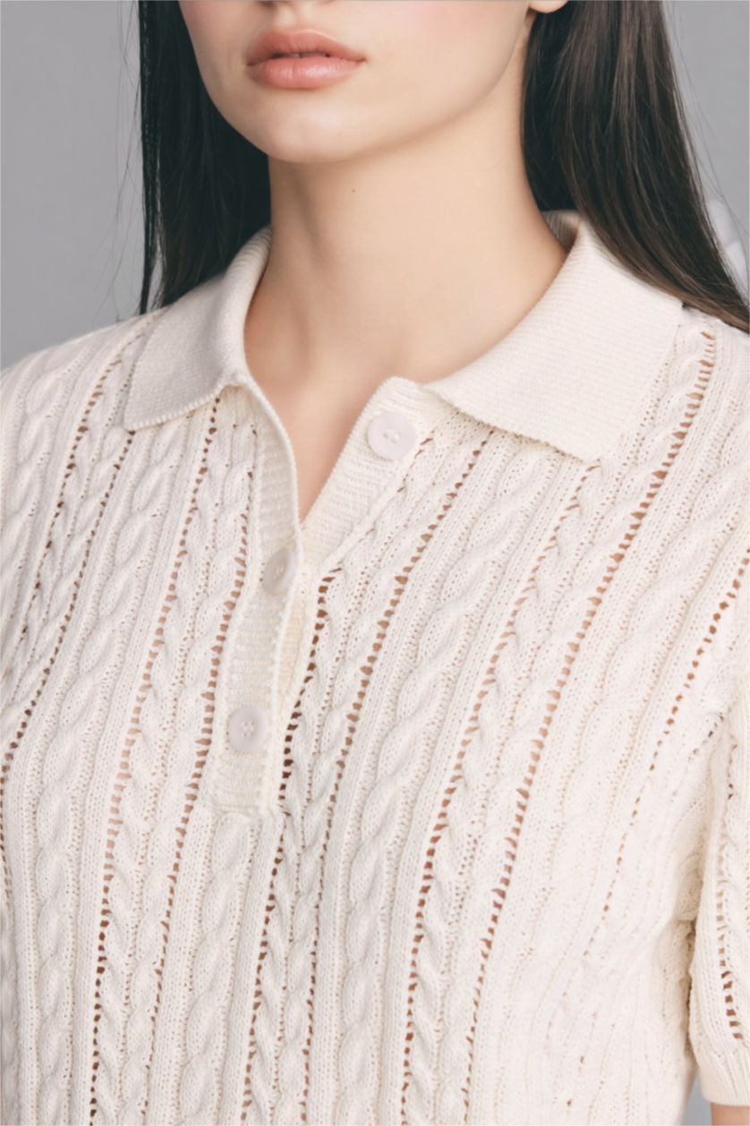 Woman Ecru Regular Fit Polo Collar Knitwear Pullover