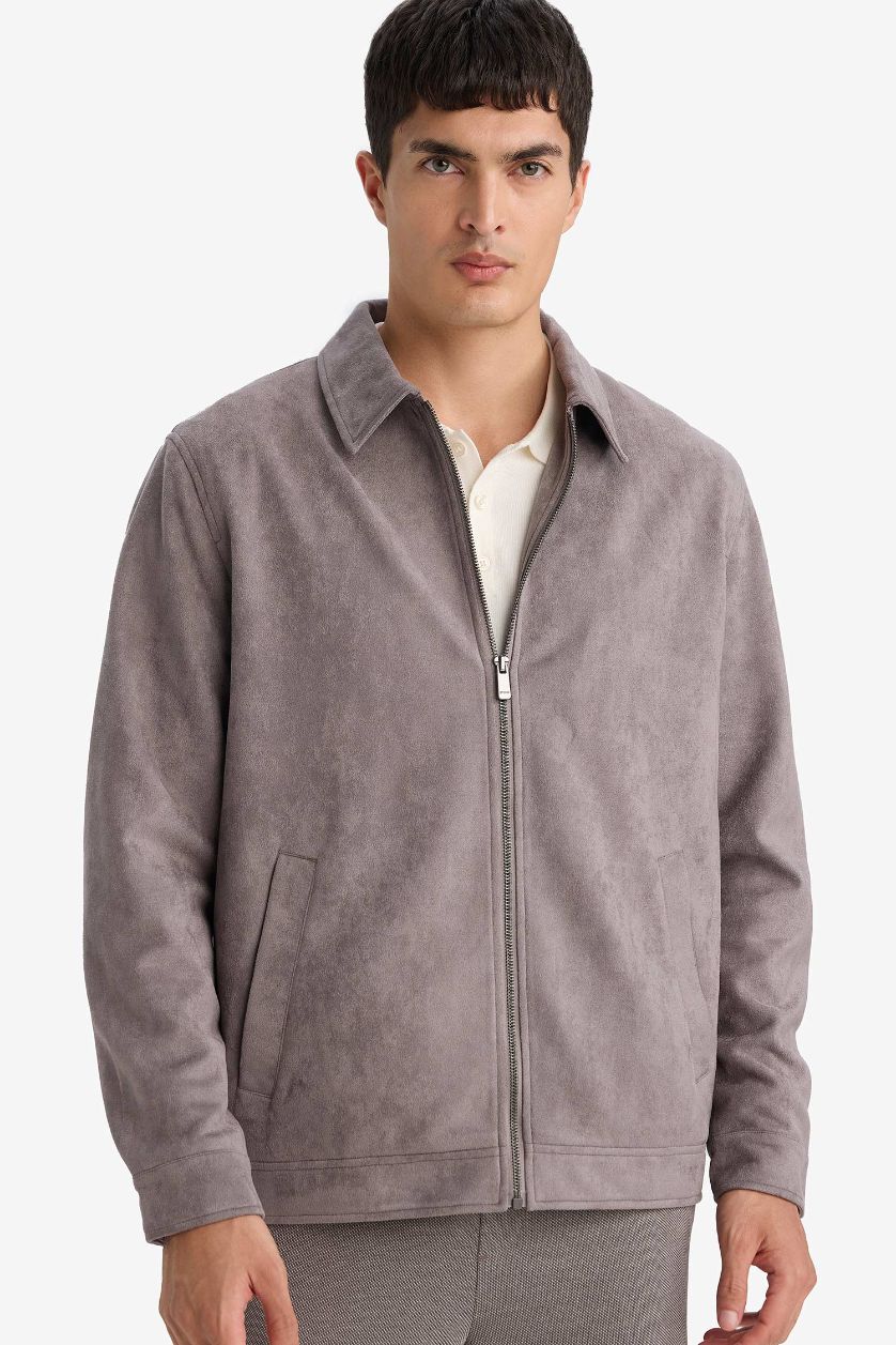 Man Grey Regular Fit Polo Collar Lined Zippered Suede Jacket