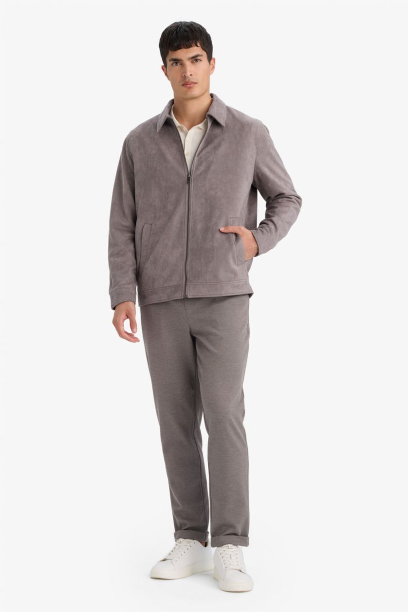 Man Grey Regular Fit Polo Collar Lined Zippered Suede Jacket