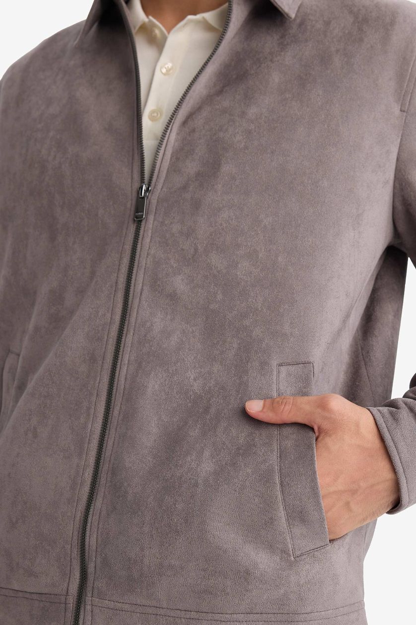 Man Grey Regular Fit Polo Collar Lined Zippered Suede Jacket