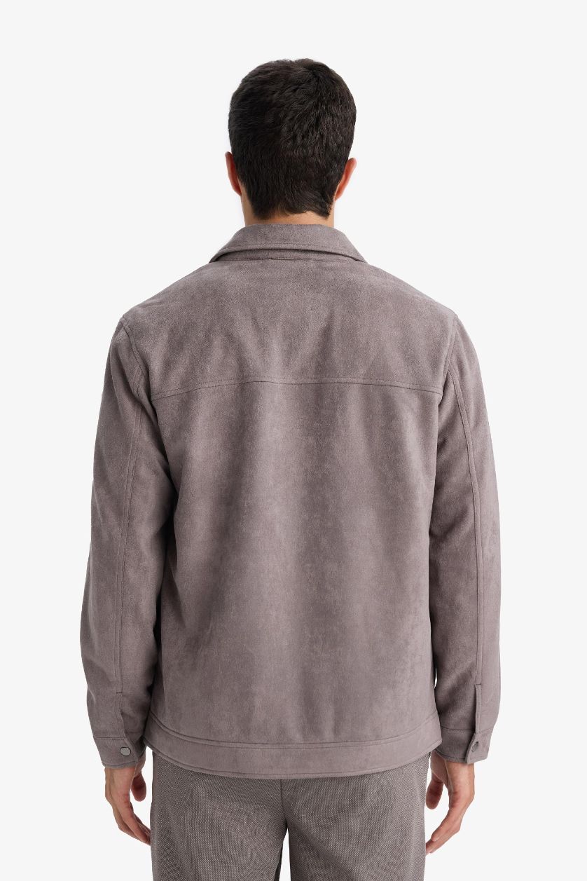 Man Grey Regular Fit Polo Collar Lined Zippered Suede Jacket
