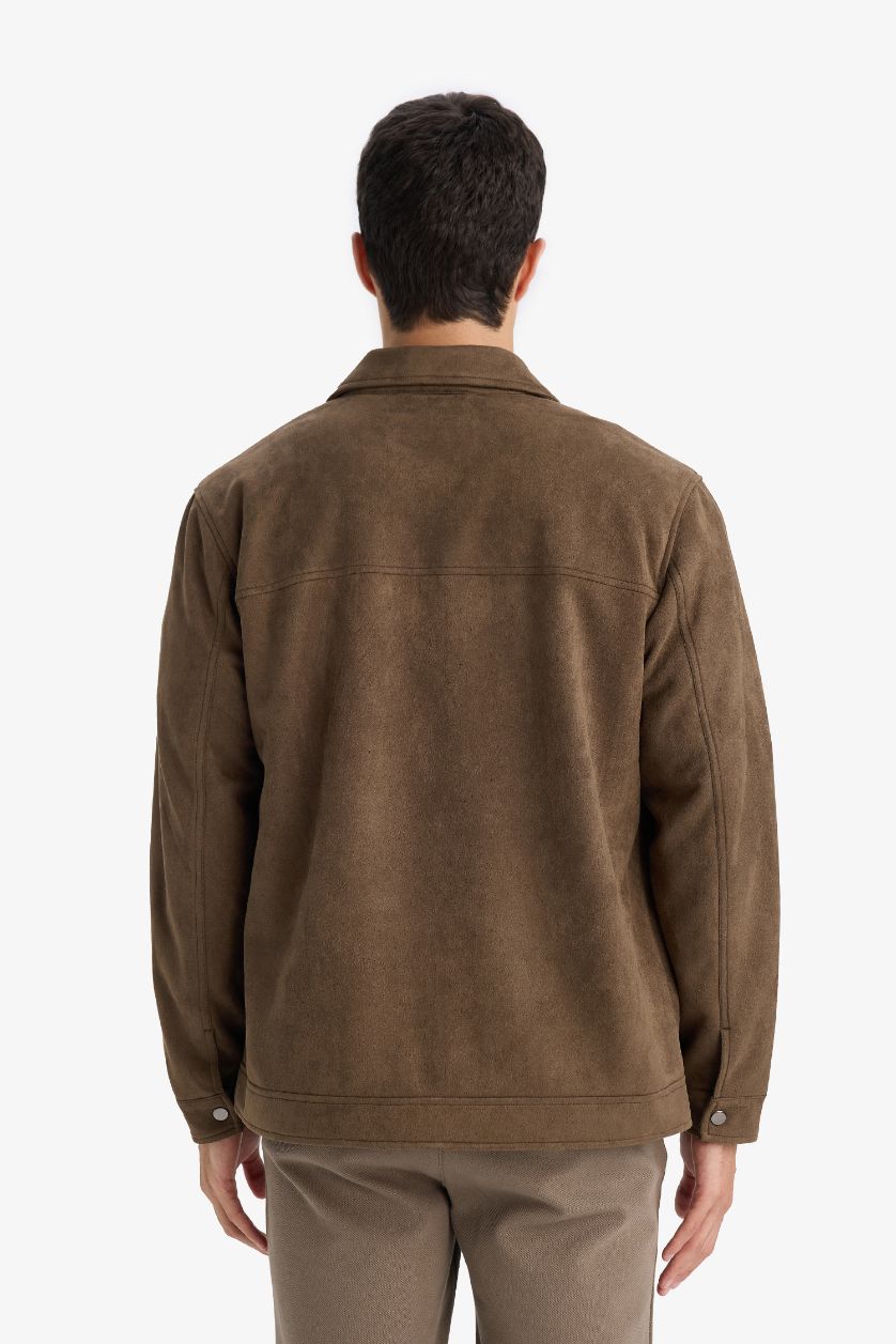 Erkek Haki Regular Fıt Polo Yaka Astarlı Fermuarlı Süet Mont