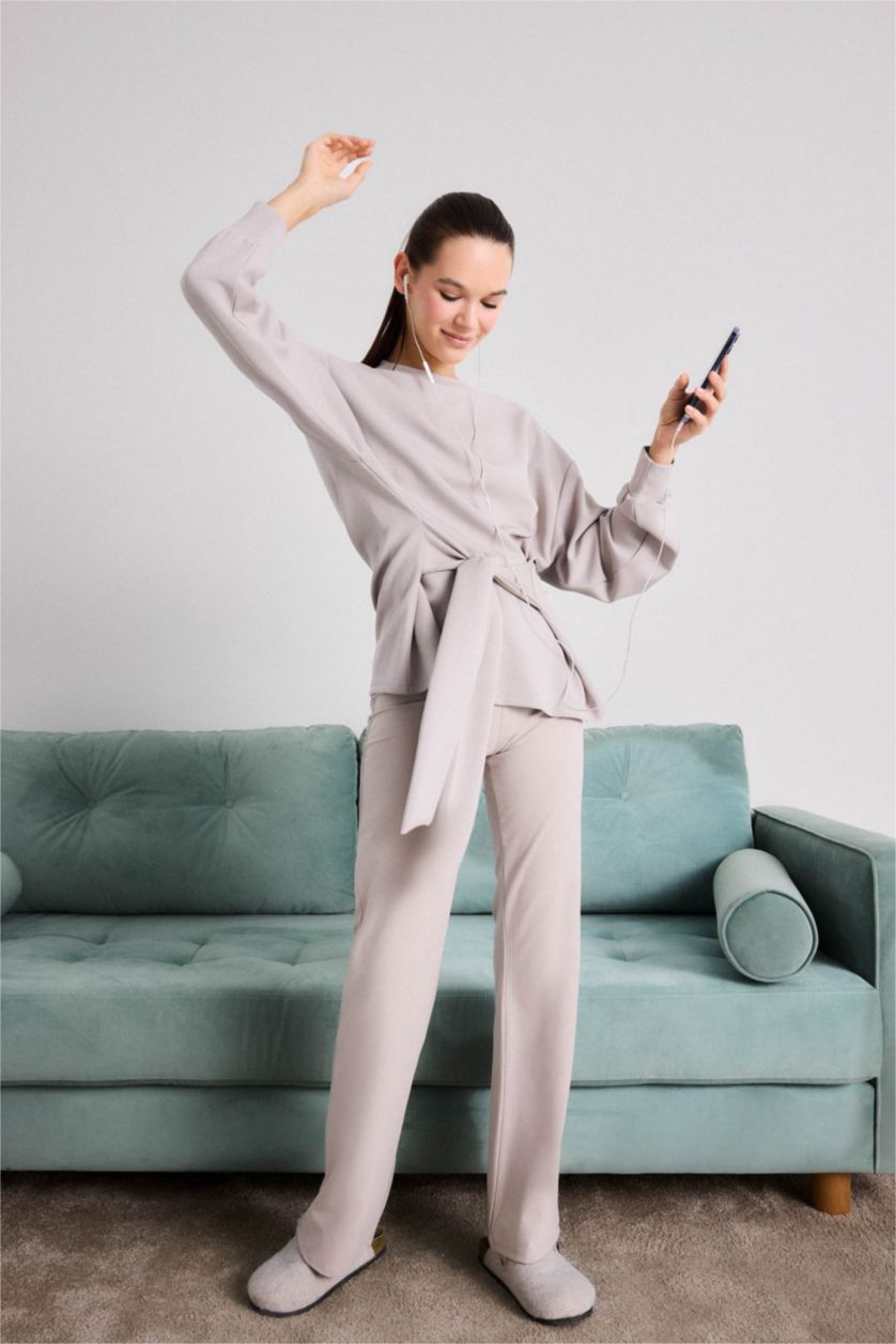 Woman Stone Fall in Love Soft Textured Flare Leg Trousers