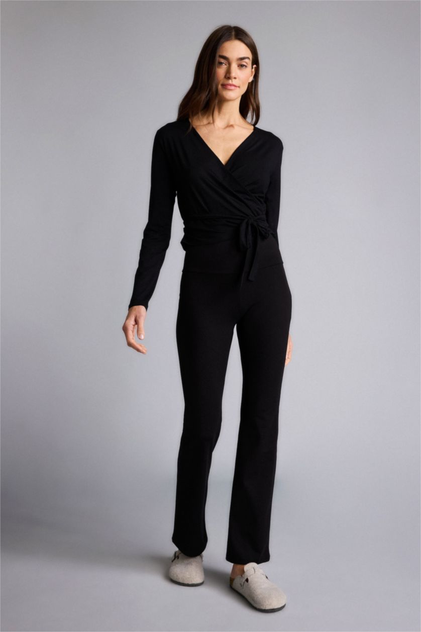 Kadın Siyah Yumuşak Dokulu İspanyol Paça Pantolon