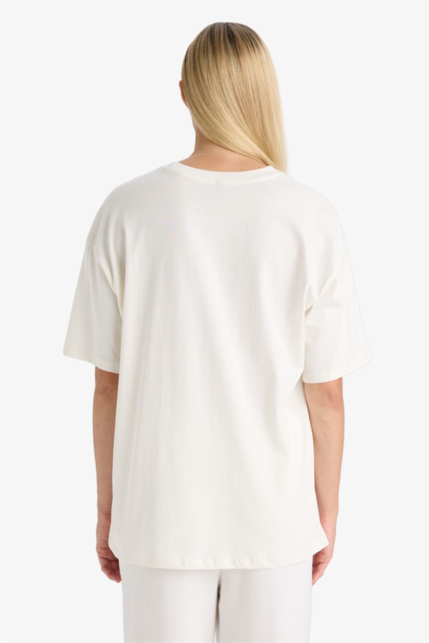 Kadın Ekru Oversıze Kısa Kollu Tişört