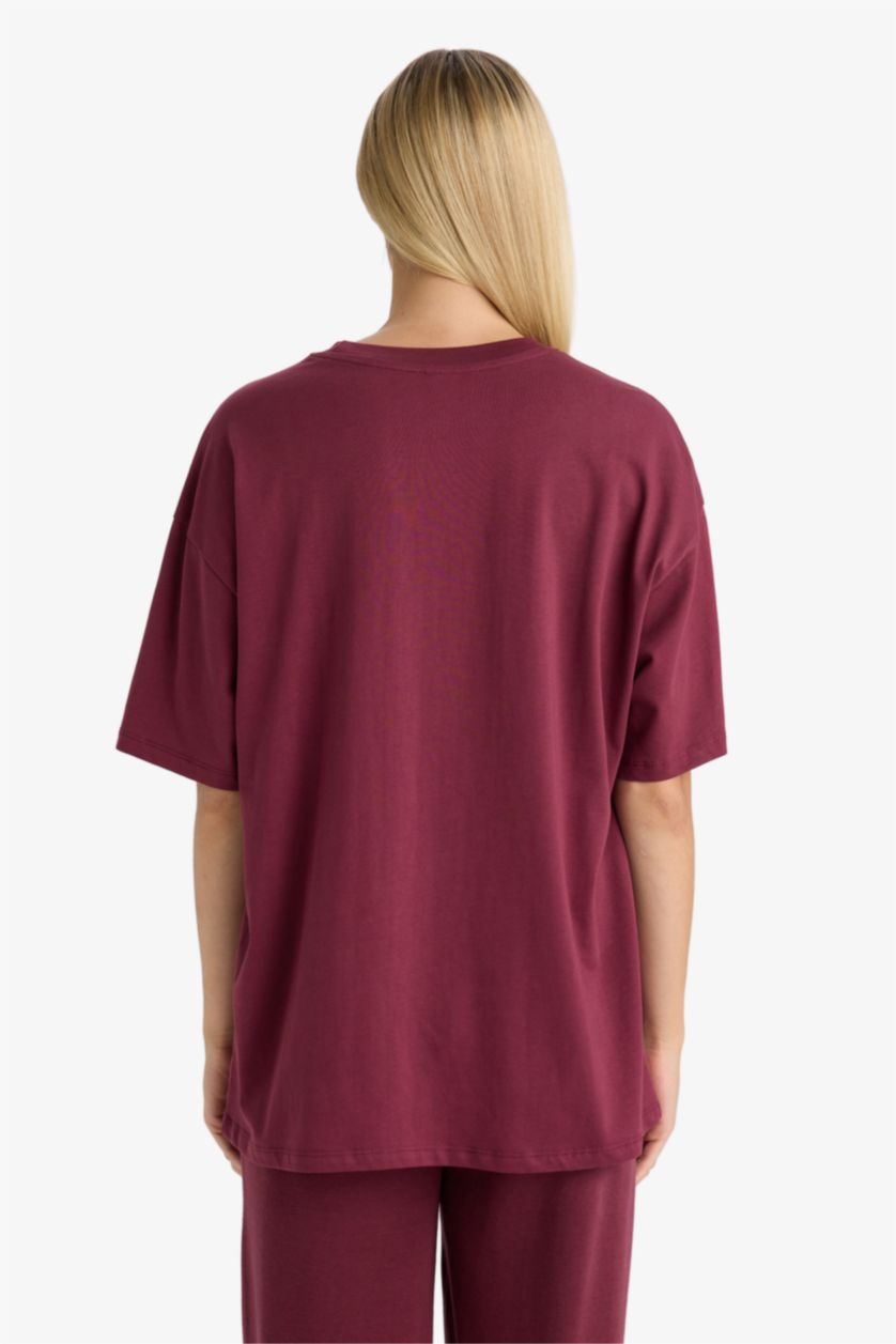 Kadın Bordo Oversıze Bisiklet Yaka Baskılı Kısa Kollu Tişört