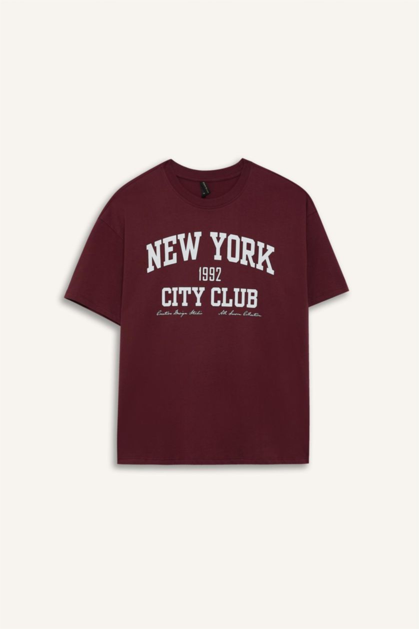 Kadın Bordo Oversıze Bisiklet Yaka Baskılı Kısa Kollu Tişört