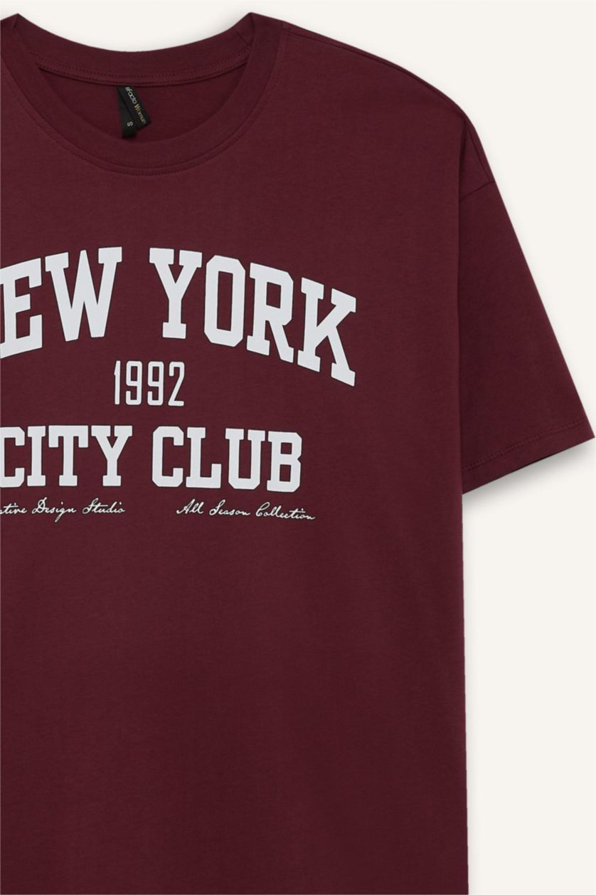 Kadın Bordo Oversıze Bisiklet Yaka Baskılı Kısa Kollu Tişört