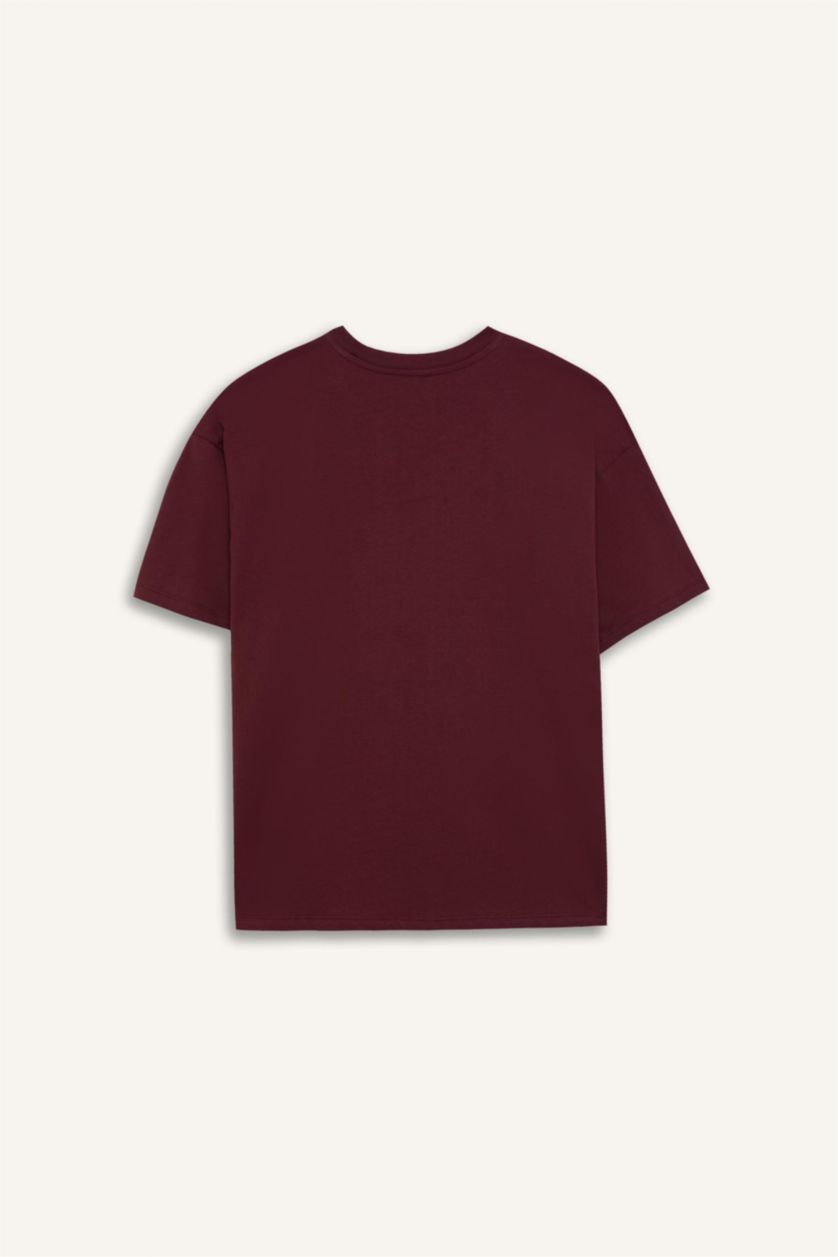 Kadın Bordo Oversıze Bisiklet Yaka Baskılı Kısa Kollu Tişört