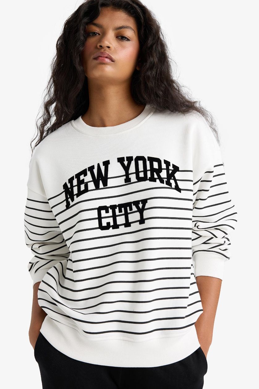 Kadın Ekru Relax Fit Bisiklet Yaka Çizgili Baskılı Sweatshirt