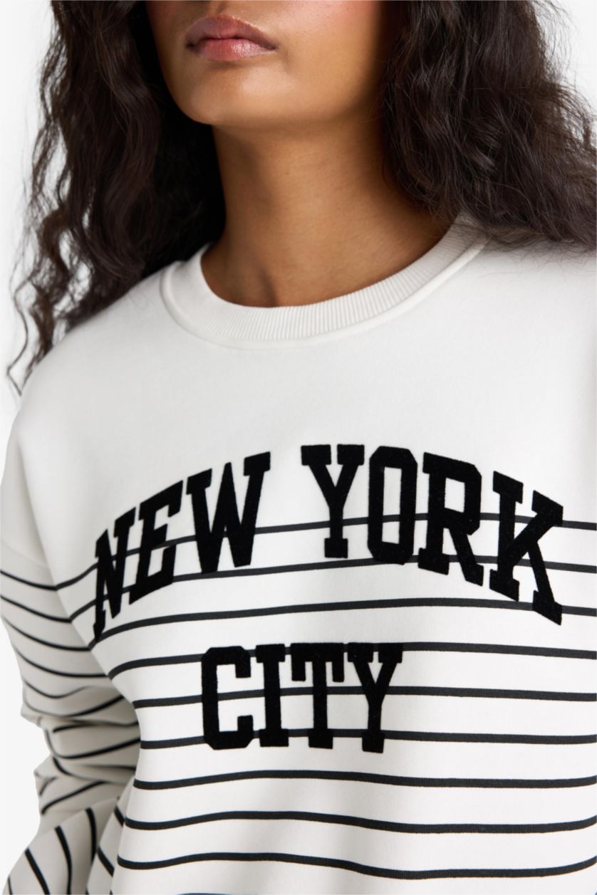 Kadın Ekru Relax Fit Bisiklet Yaka Çizgili Baskılı Sweatshirt