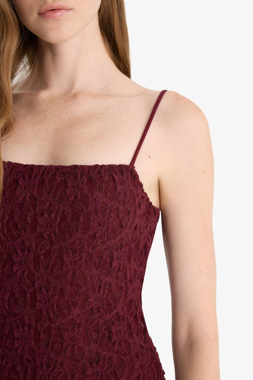 نساء خمري فستان ميدي دانتيل سليم فيت بوديكون بحمالات