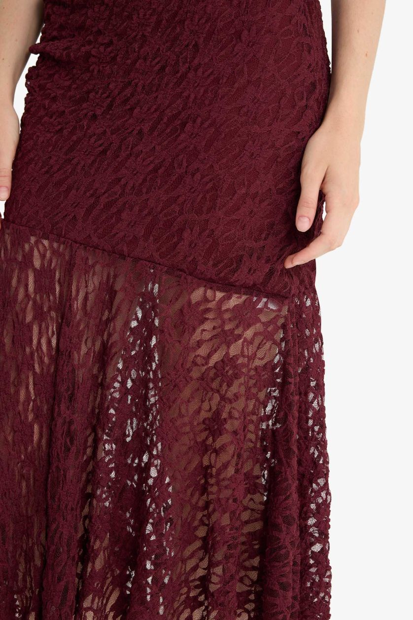 نساء خمري فستان ميدي دانتيل سليم فيت بوديكون بحمالات