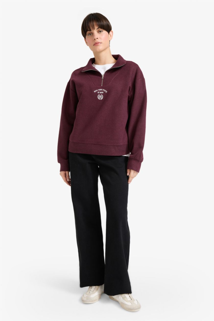Kadın Bordo Regular Fit Yarım Fermuarlı Baskılı Sweatshirt