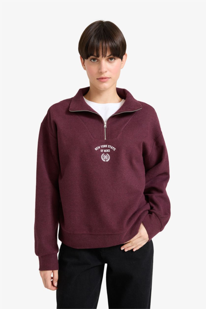 Kadın Bordo Regular Fit Yarım Fermuarlı Baskılı Sweatshirt