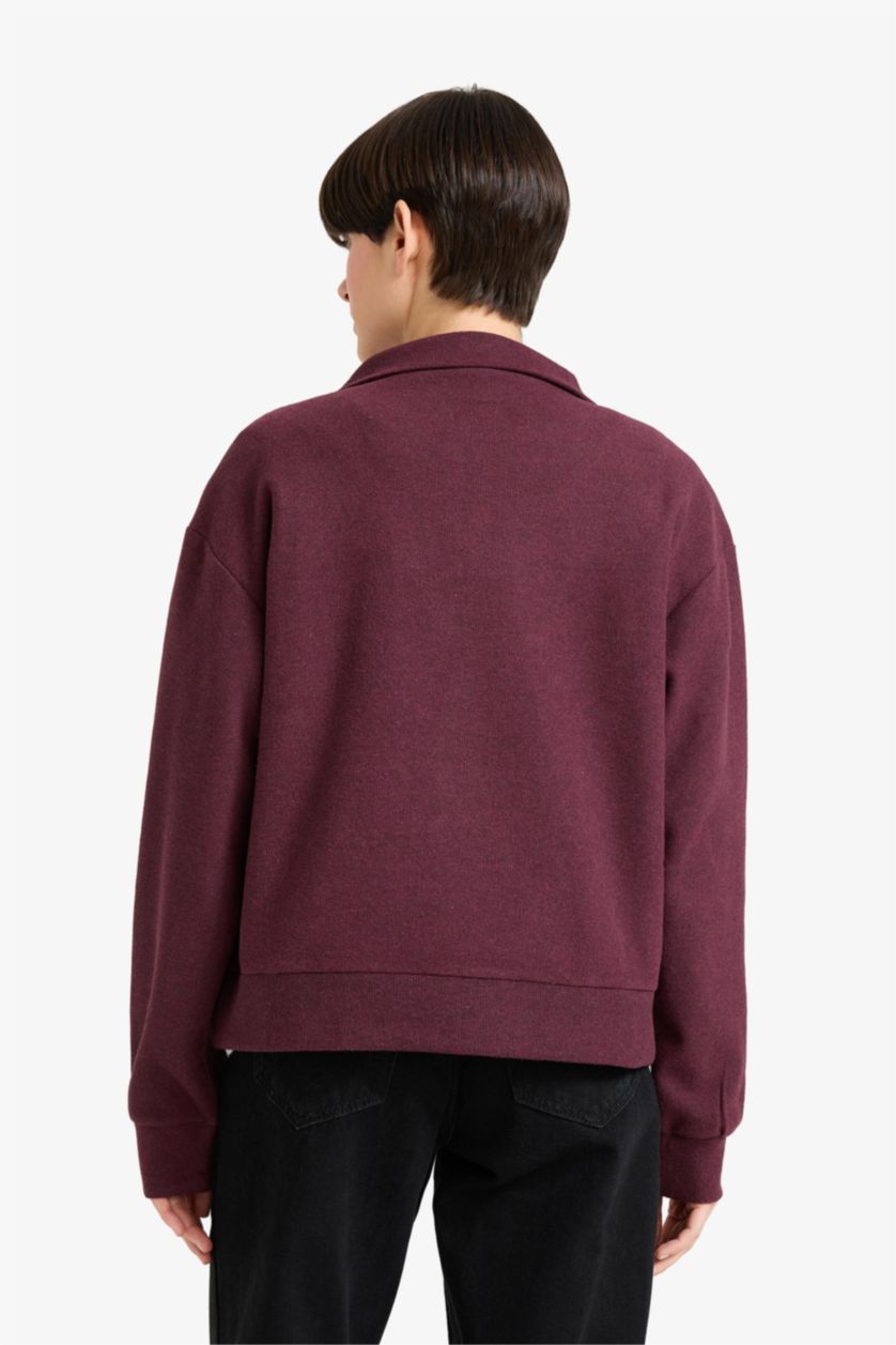 Kadın Bordo Regular Fit Yarım Fermuarlı Baskılı Sweatshirt