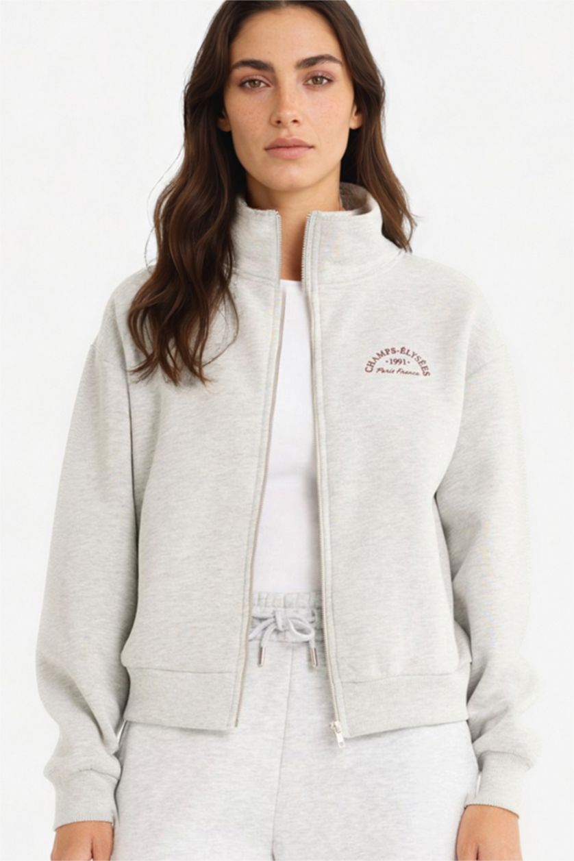 FEMME Gris Sweat zippé épais avec imprimé à col montant Coupe décontractée