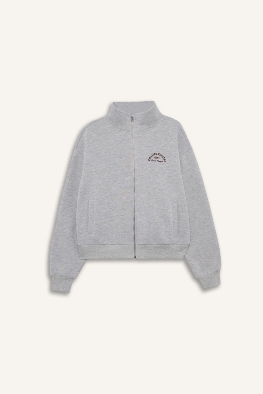 FEMME Gris Sweat zippé épais avec imprimé à col montant Coupe décontractée
