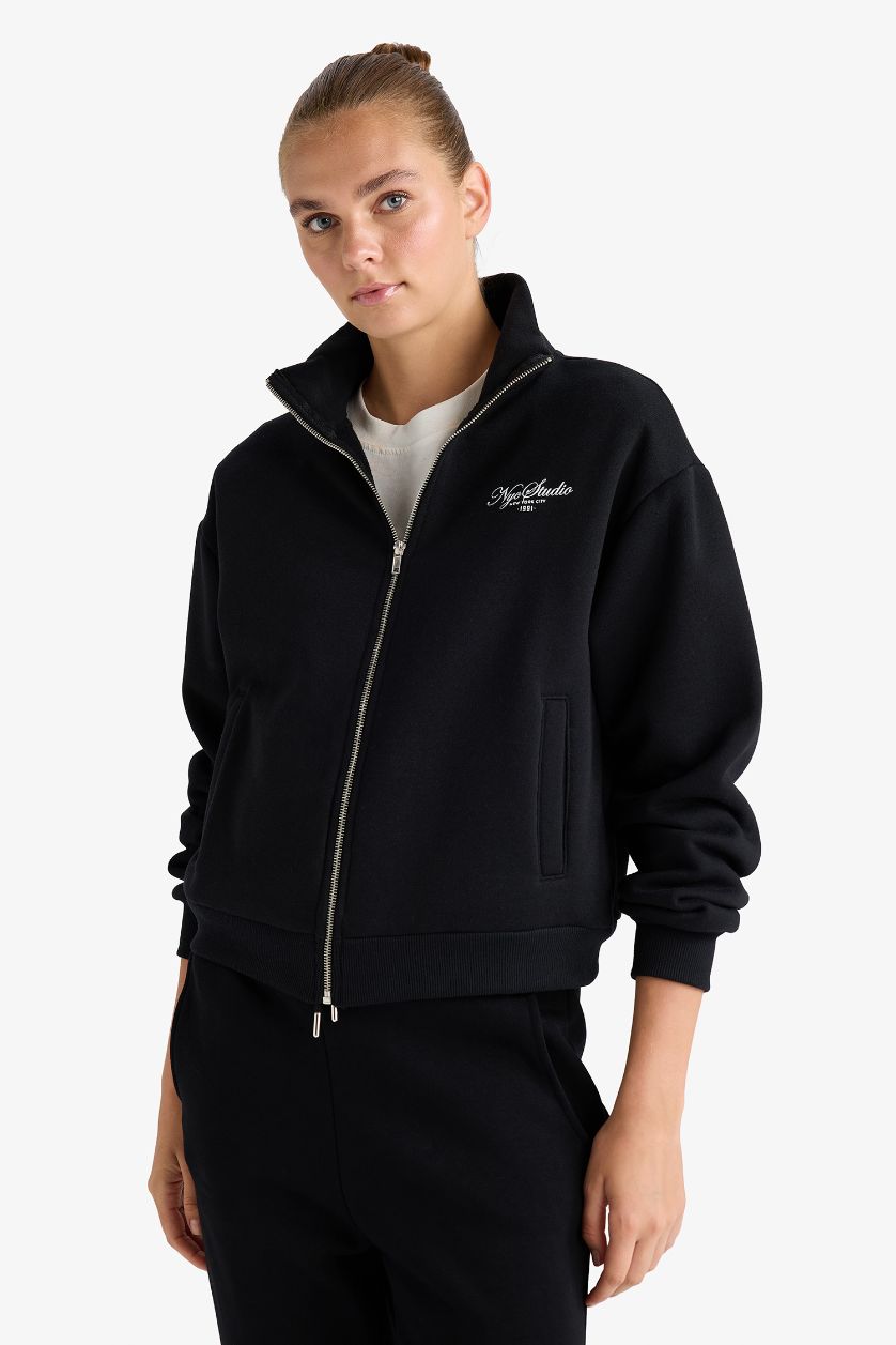 Kadın Siyah Relax Fit Dik Yaka Baskılı Kalın Fermuarlı Sweatshirt