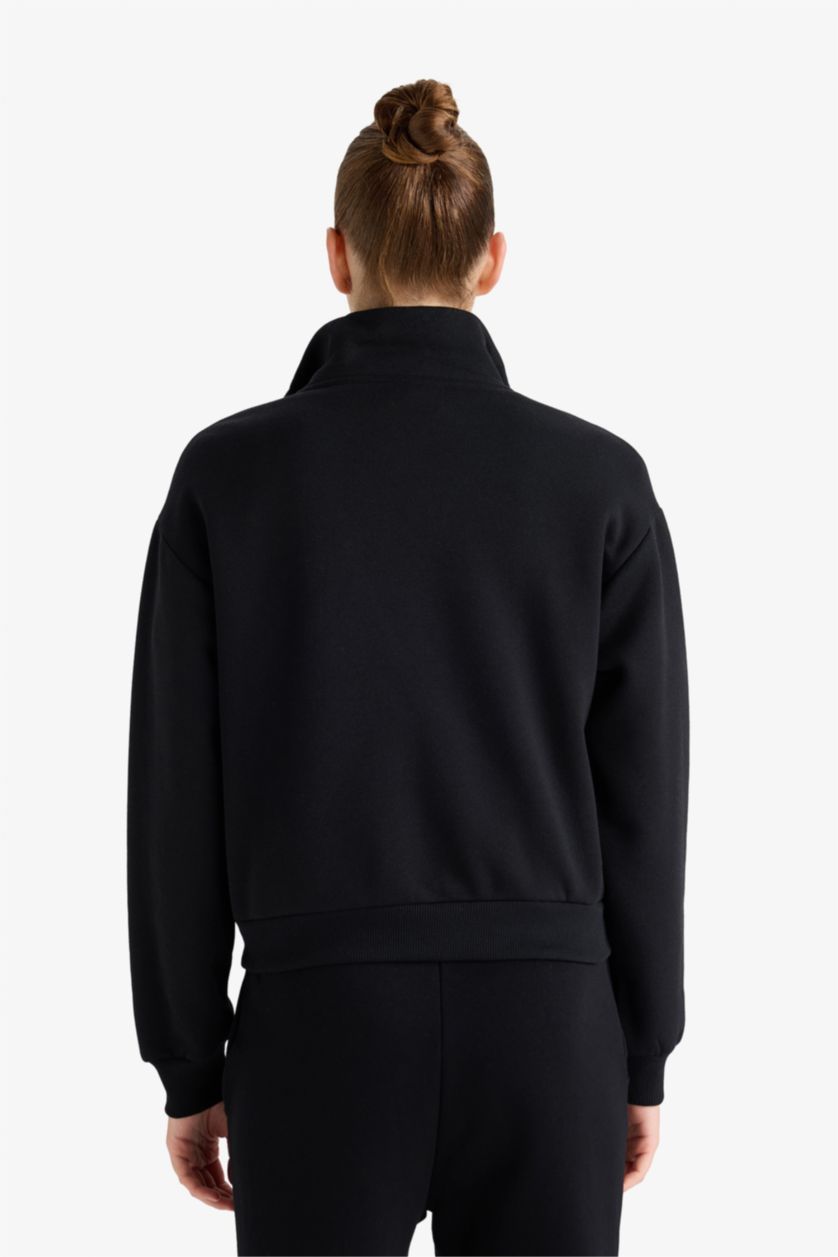 Kadın Siyah Relax Fit Dik Yaka Baskılı Kalın Fermuarlı Sweatshirt