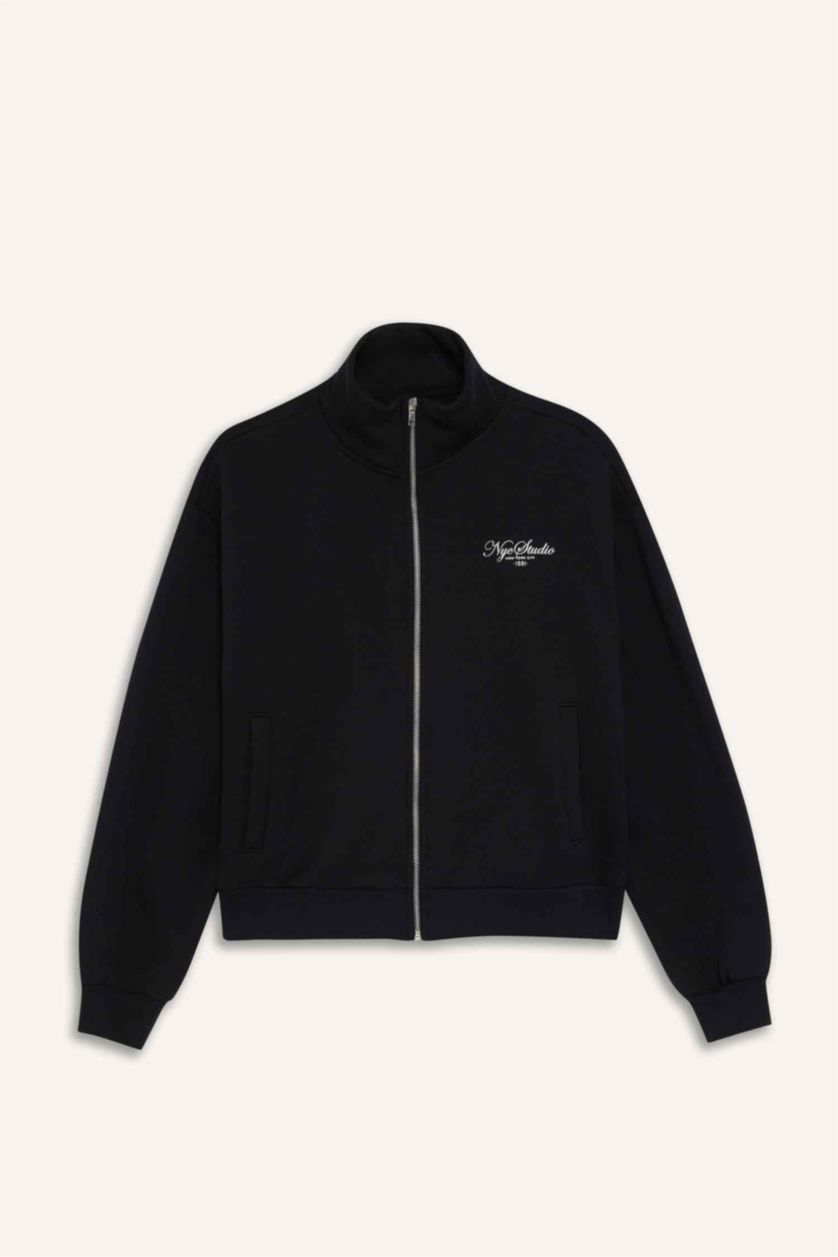 Kadın Siyah Relax Fit Dik Yaka Baskılı Kalın Fermuarlı Sweatshirt