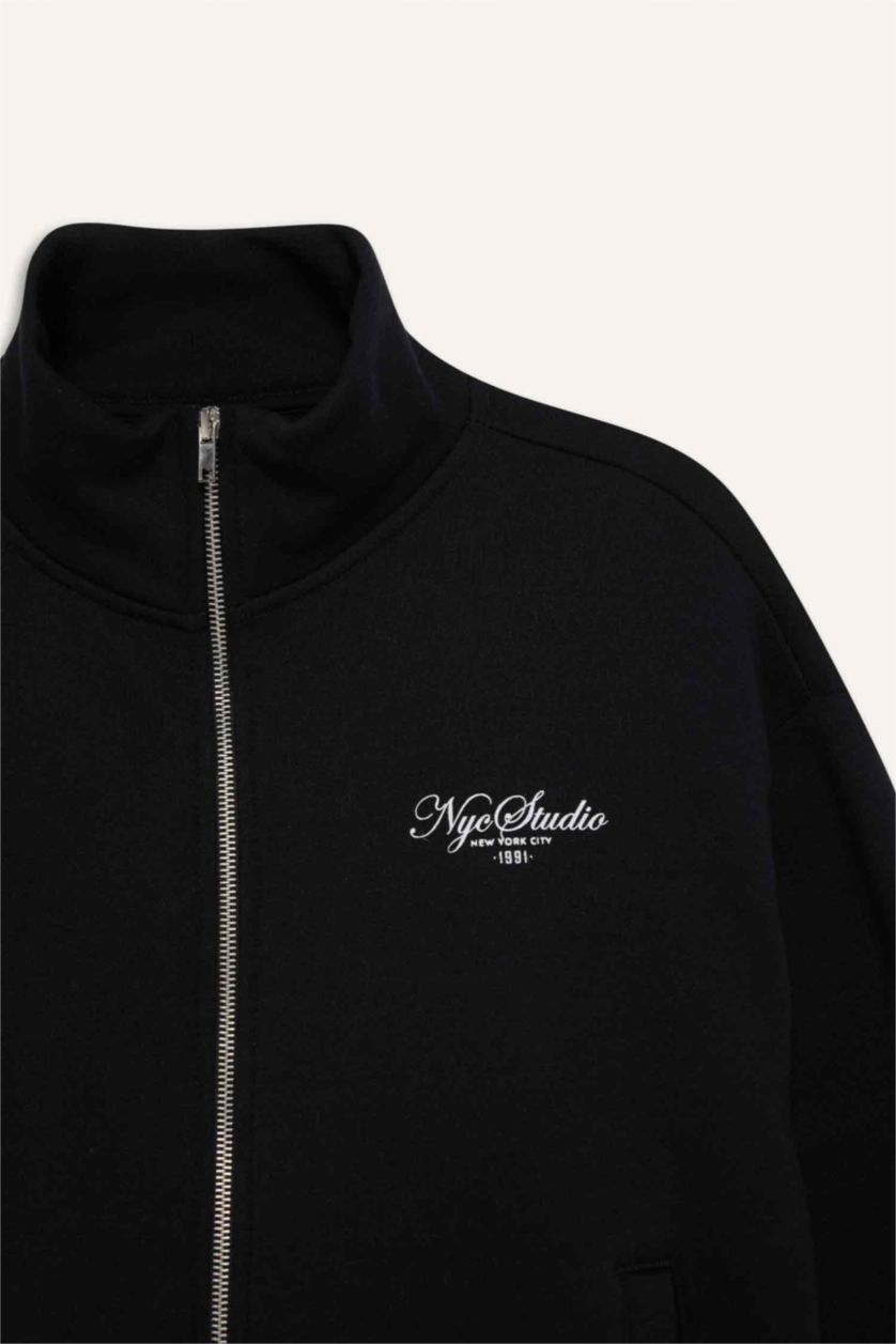 Kadın Siyah Relax Fit Dik Yaka Baskılı Kalın Fermuarlı Sweatshirt