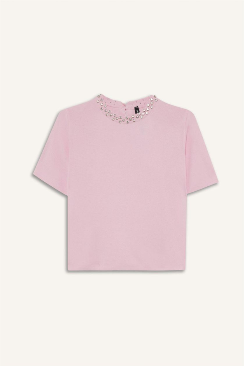 حريمي زهري فاتح بلوفر تريكو مطرز كريب نص كم قصة عادية