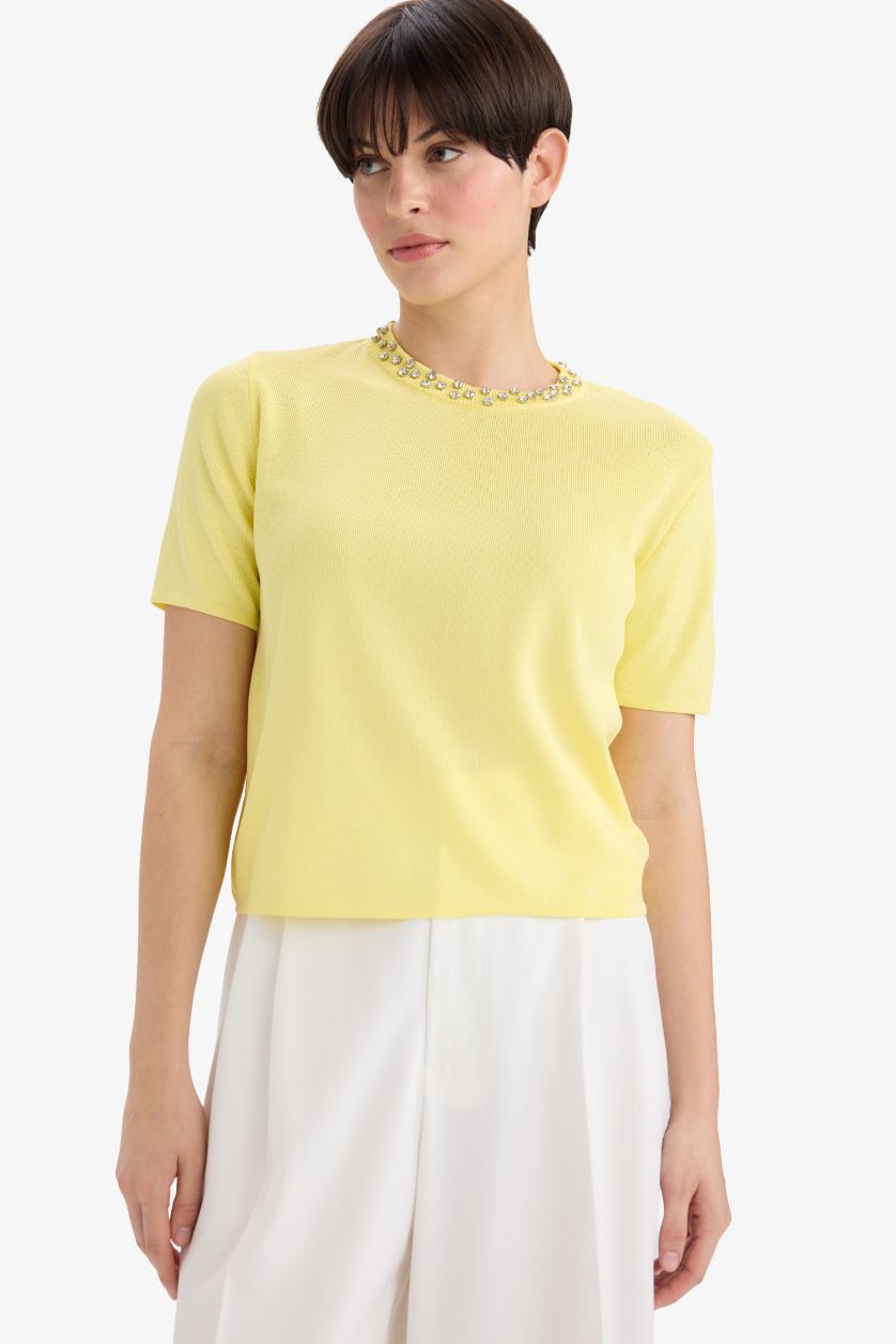 Kadın Açık Sarı Regular Fit Bisiklet Yaka İşlemeli Krep Kısa Kollu Triko Kazak