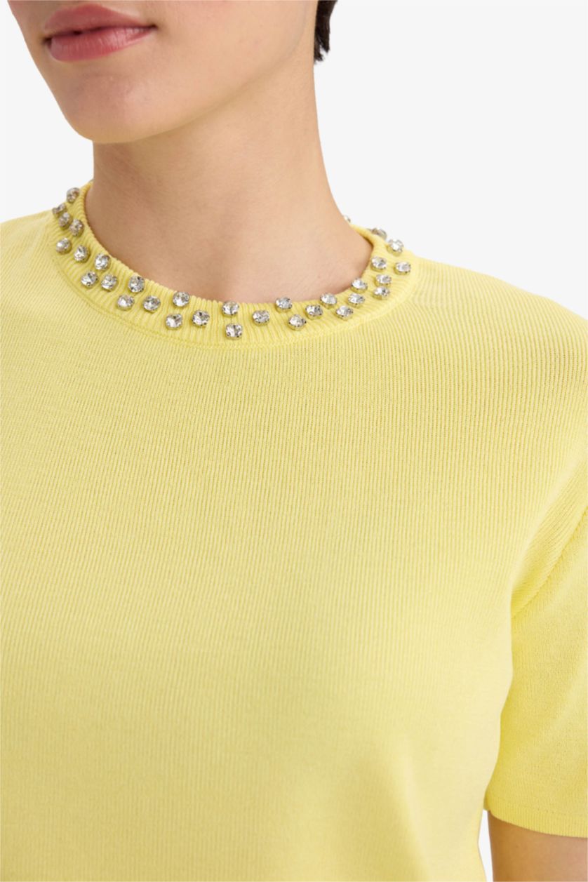 Kadın Açık Sarı Regular Fit Bisiklet Yaka İşlemeli Krep Kısa Kollu Triko Kazak