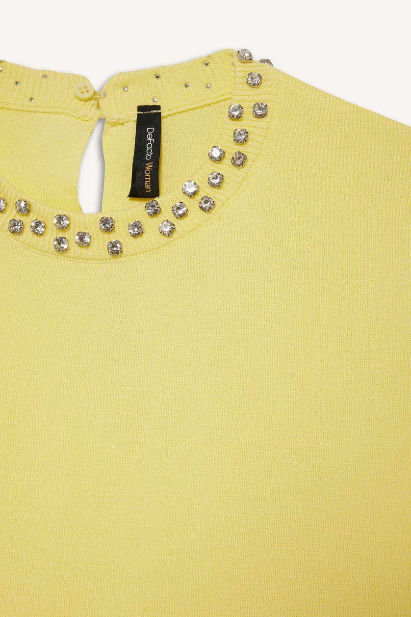 Kadın Açık Sarı Regular Fit Bisiklet Yaka İşlemeli Krep Kısa Kollu Triko Kazak