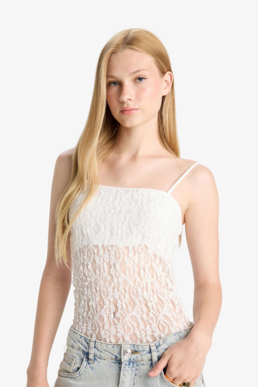 Kadın Kırık Beyaz Fitted Dantel Bodysuit