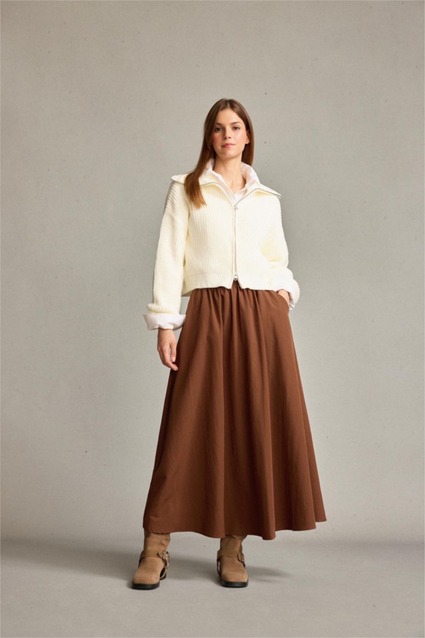 Kadın Açık Kahve Beli Lastikli Cepli Maxi Etek