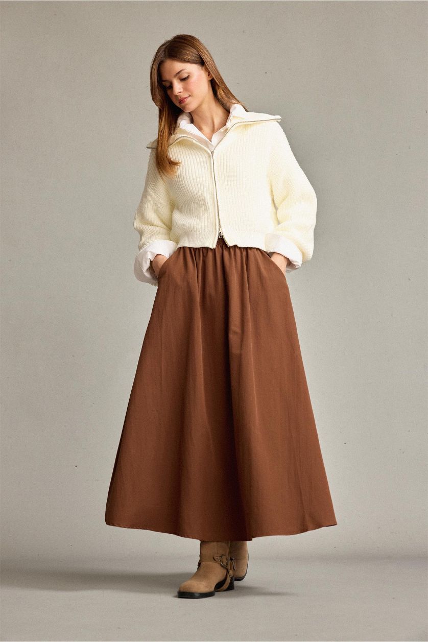 Kadın Açık Kahve Beli Lastikli Cepli Maxi Etek