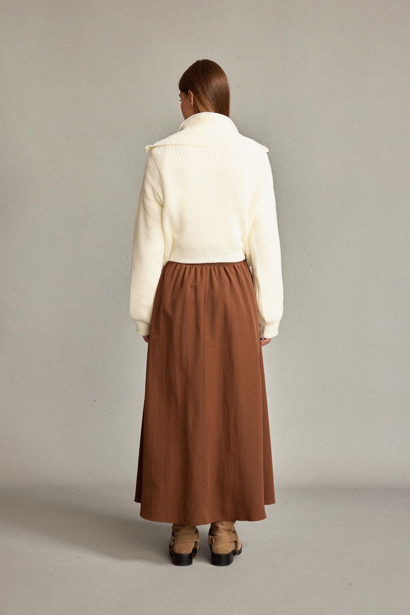 Kadın Açık Kahve Beli Lastikli Cepli Maxi Etek