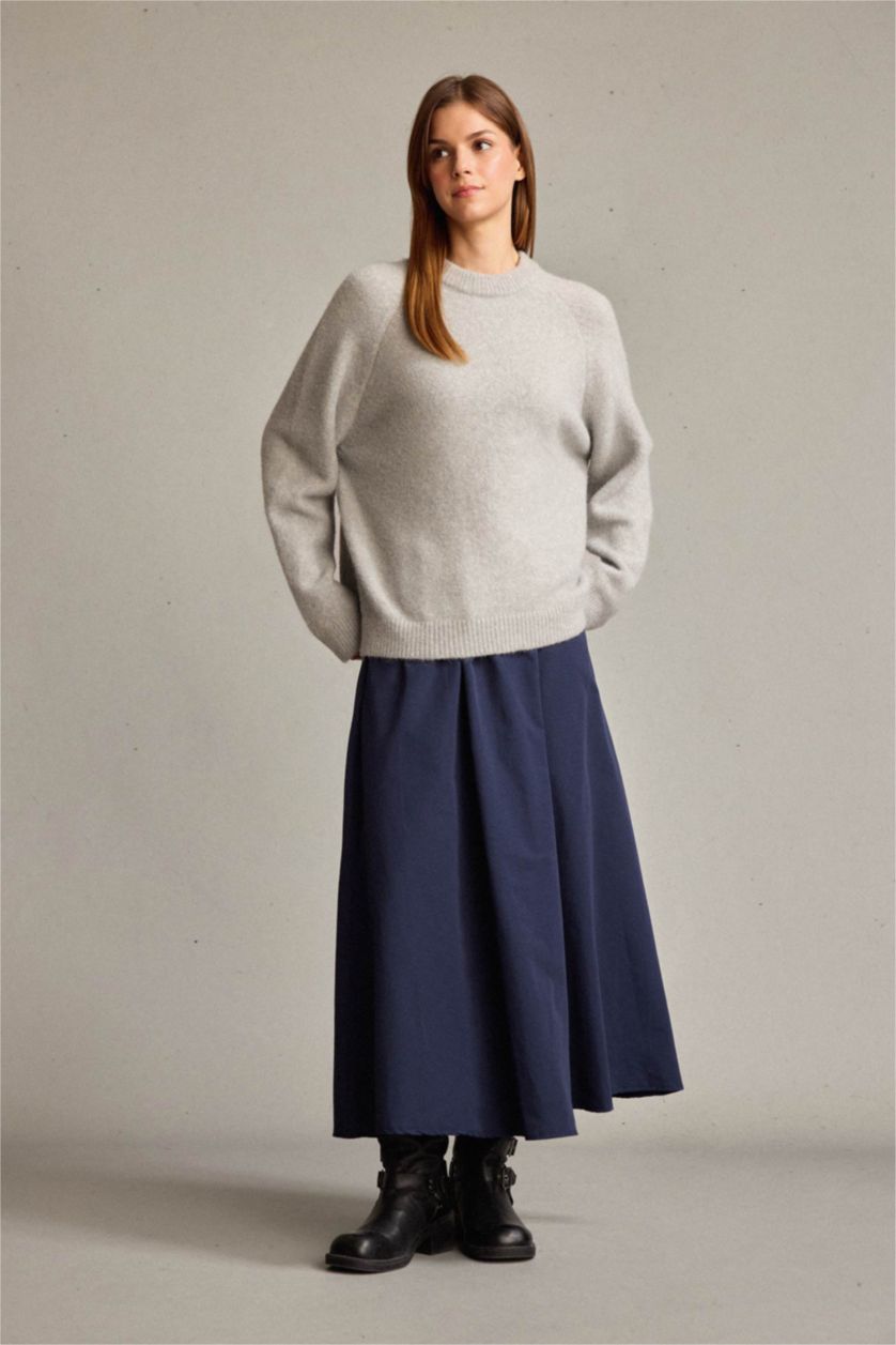 Kadın İndigo Beli Lastikli Cepli Maxi Etek