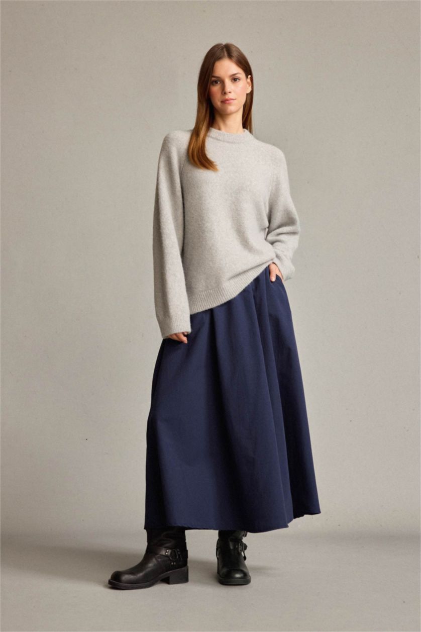 Kadın İndigo Beli Lastikli Cepli Maxi Etek