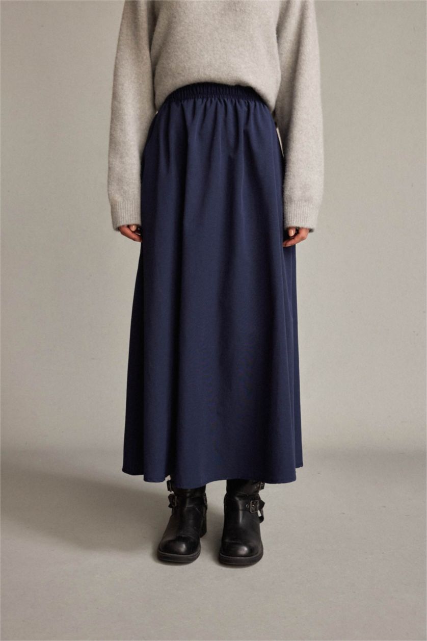 Kadın İndigo Beli Lastikli Cepli Maxi Etek