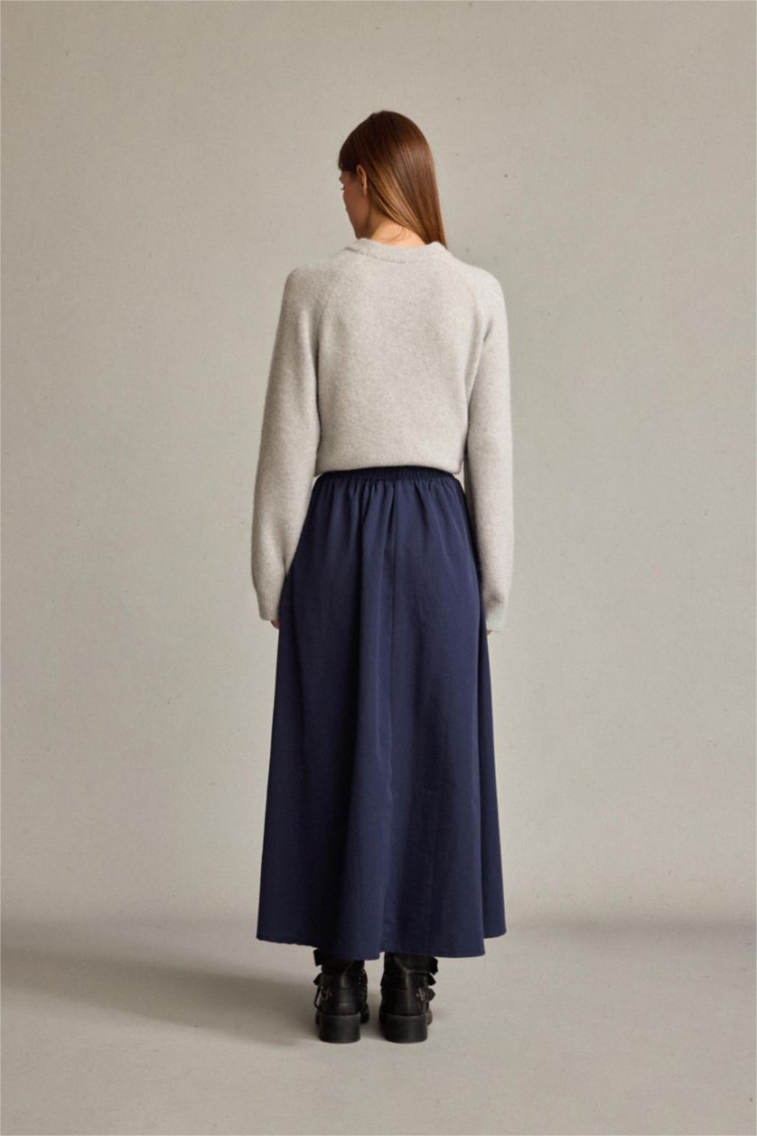 Kadın İndigo Beli Lastikli Cepli Maxi Etek