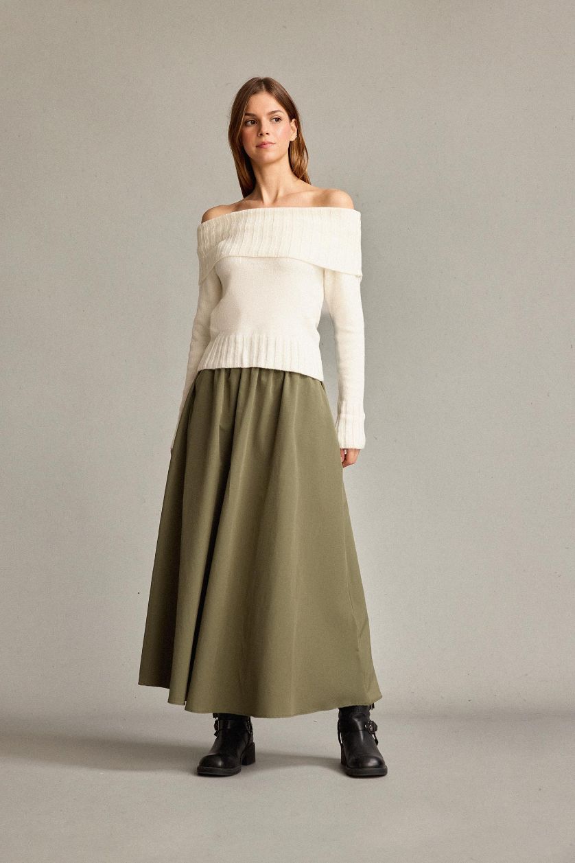 Kadın Haki Beli Lastikli Cepli Maxi Etek