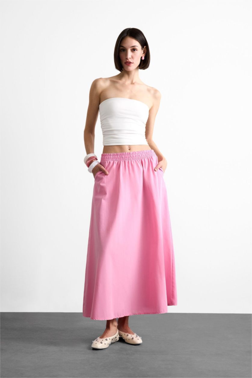 Woman Pink Poplin Elastic Band Skirt