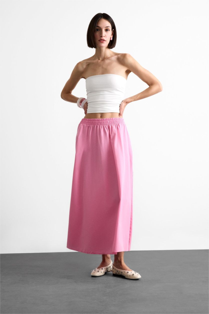 Woman Pink Poplin Elastic Band Skirt