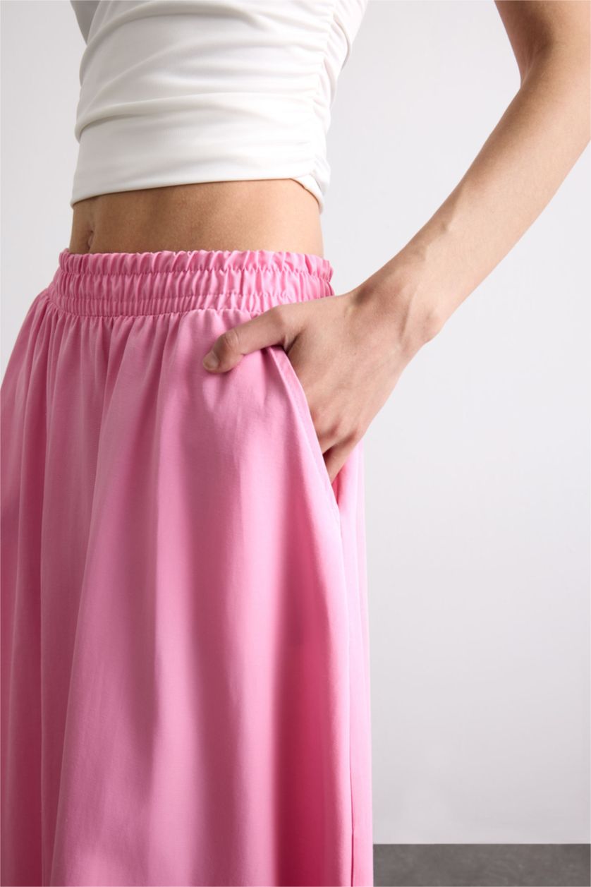 Woman Pink Poplin Elastic Band Skirt