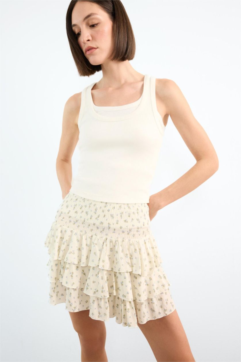 Woman Light Blue Floral Elastic Waist Mini Skirt