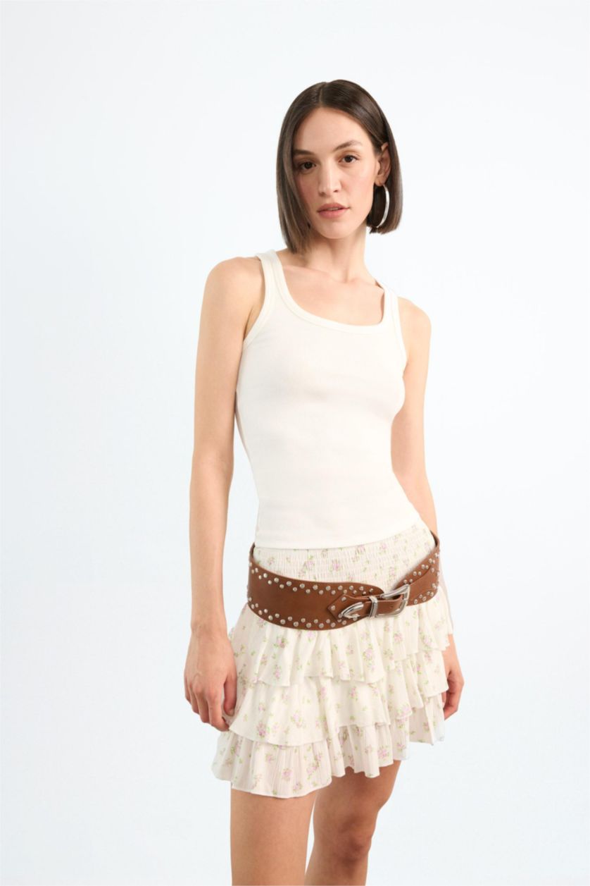 Kadın Pembe Beli Lastikli Çiçek Desenli Volanlı Mini Etek