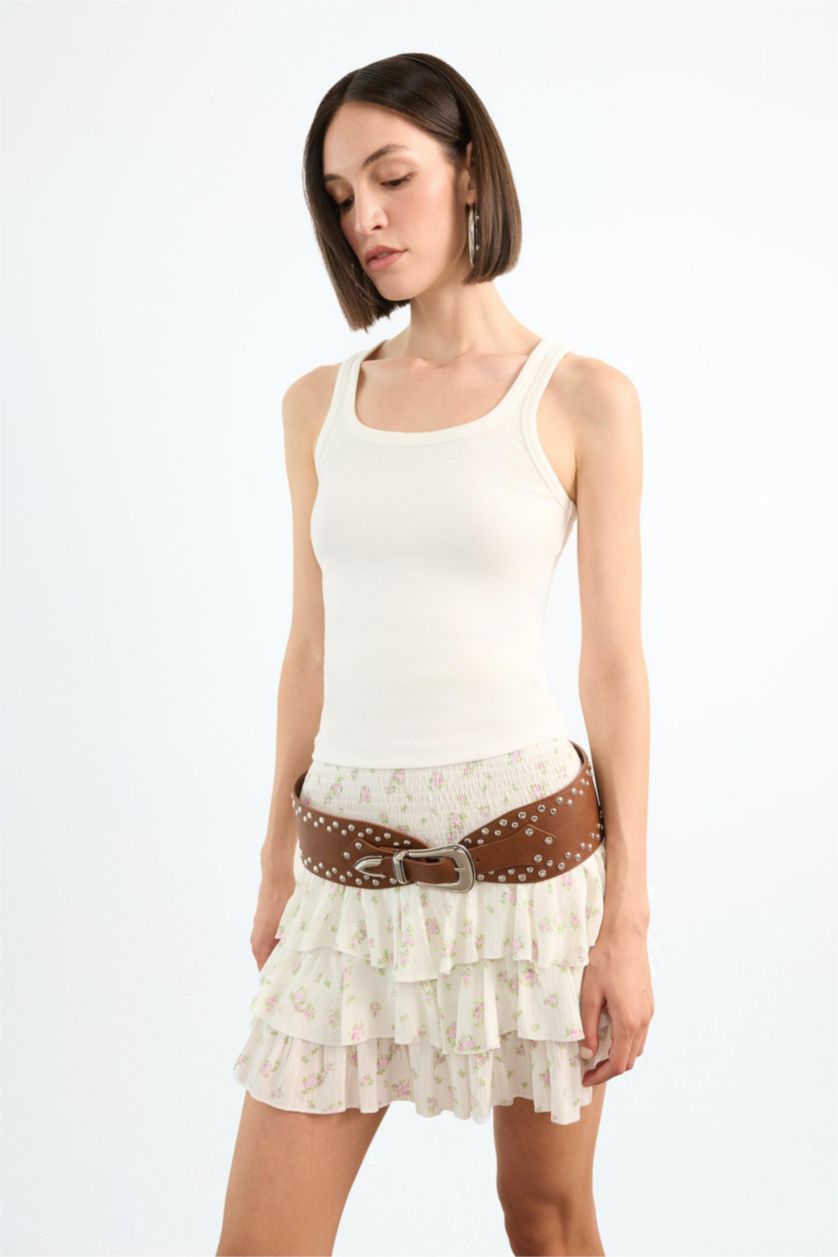 Kadın Pembe Beli Lastikli Çiçek Desenli Volanlı Mini Etek