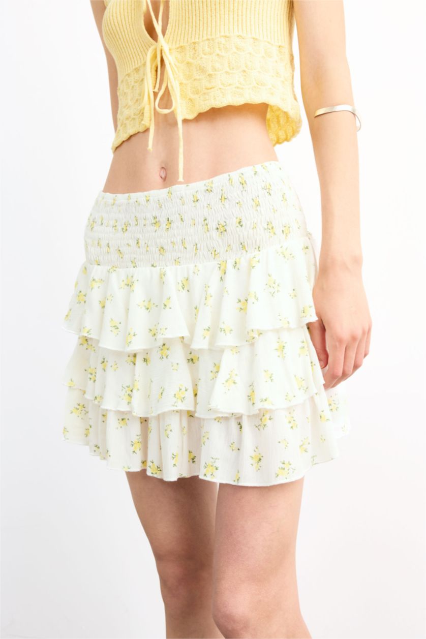 Kadın Açık Sarı Beli Lastikli Çiçek Desenli Volanlı Mini Etek