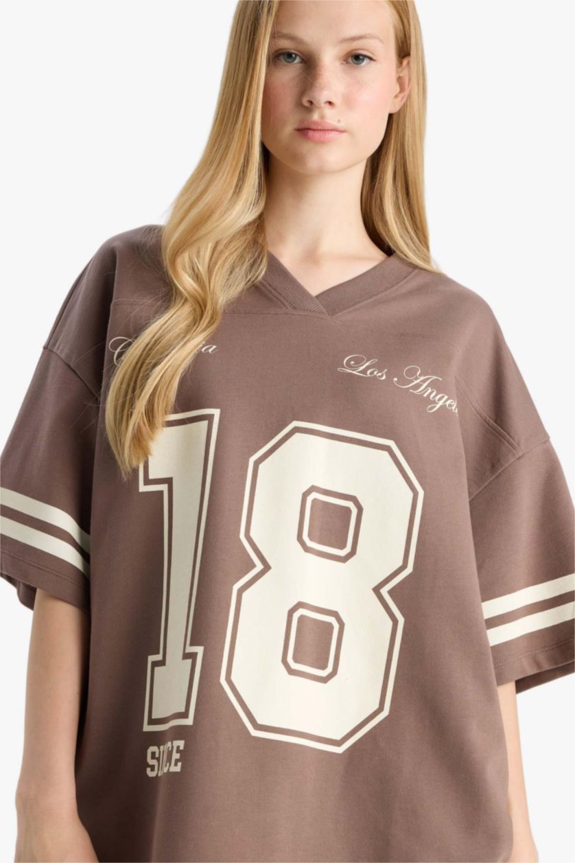 Kadın Kahve %100 Pamuk Oversıze Baskılı Tişört