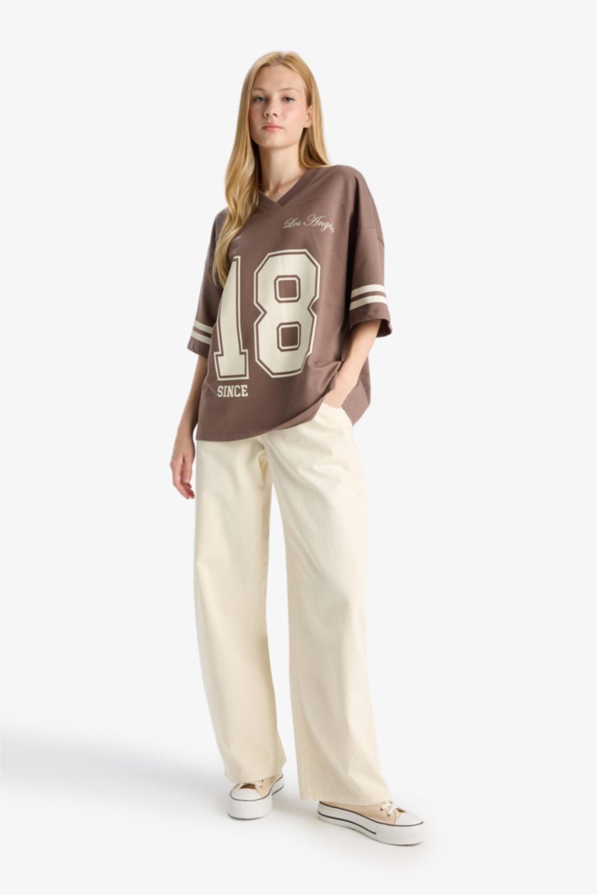 Kadın Kahve %100 Pamuk Oversıze Baskılı Tişört