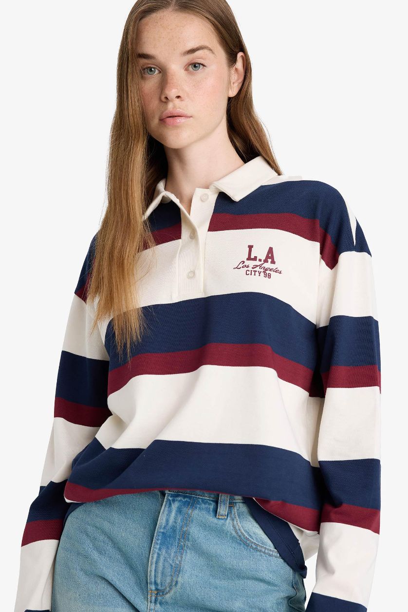 WOMAN White Oversize Fit Polo Neck Striped Printed Sweatshirt