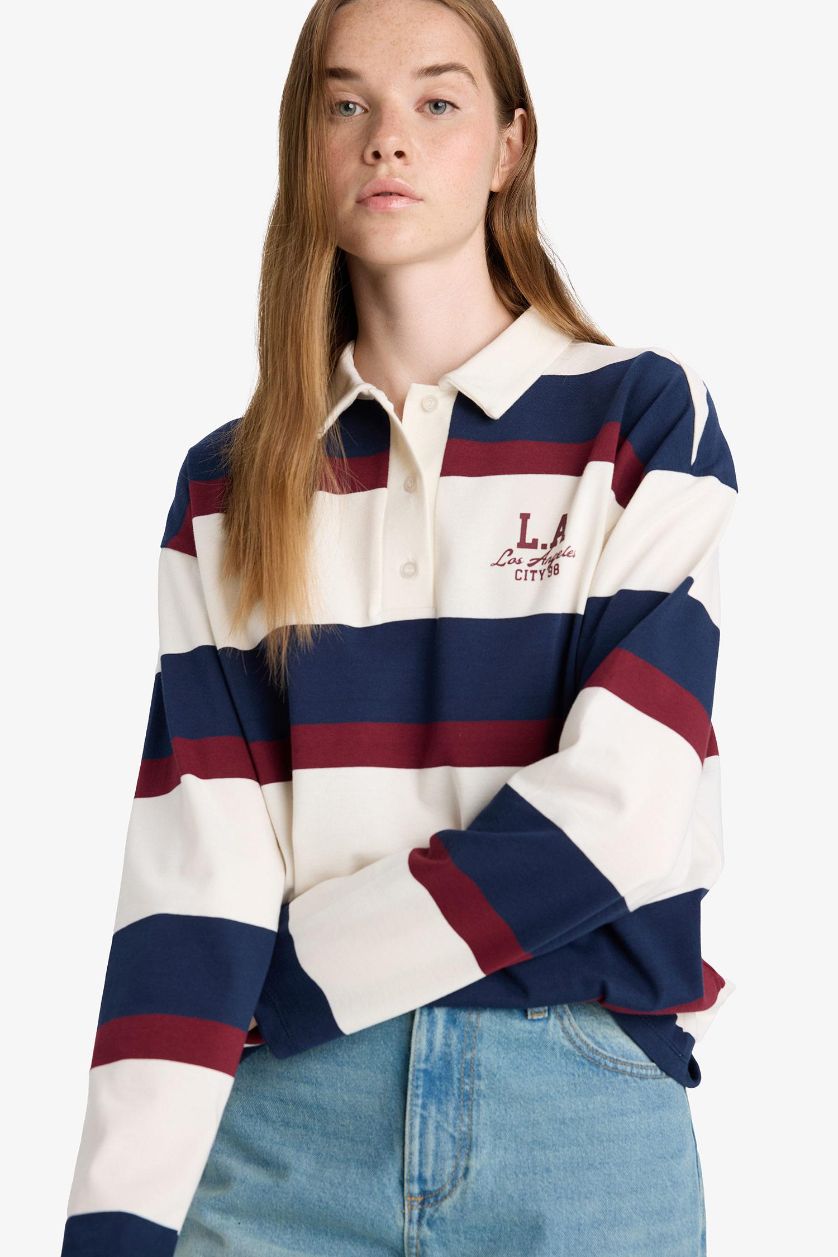 WOMAN White Oversize Fit Polo Neck Striped Printed Sweatshirt